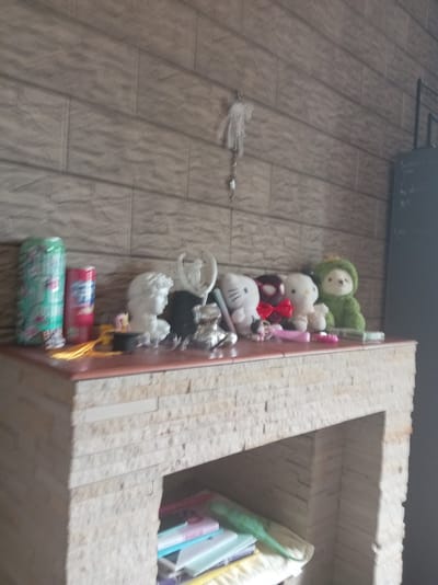The image shows a shelf with various decorative items and stuffed toys. On the left, there are two cylindrical objects, one green with a floral pattern and the other red. Next to them is a white bust of a person. To the right of the bust are several stuffed toys, including what appears to be a Hello Kitty character and a green-hooded bear. The shelf itself is made of stone-like material and is part of what looks like a fireplace mantle. Behind the shelf is a wall with a textured, brick-like pattern. A dark cabinet or board is visible on the far right. The image is taken indoors, likely in a residential setting. The location is specified as Elizaveta, Moldova.