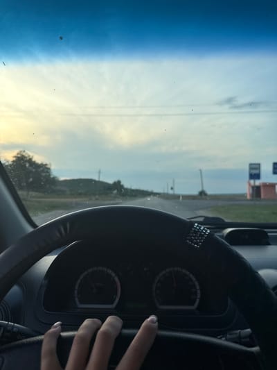 The image is an interior shot from the perspective of a driver in a car, showing the steering wheel, dashboard, and the road ahead. The driver's left hand is visible, resting on the steering wheel. The dashboard displays a speedometer and other gauges, with the needle on the speedometer indicating a speed of approximately 40 km/h. The sky is visible through the windshield, with a gradient from blue at the top to lighter shades towards the horizon. In the distance, there is a road leading into a rural landscape with some trees and hills. On the right side of the road, there appear to be signs for a bus stop and a small building. There are specks of dirt or dust on the windshield. The scene is consistent with driving on a road within or near the city of Sadaclia, Moldova, under overcast or early evening conditions.