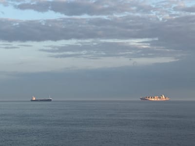The image shows a serene seascape with two cargo ships on the horizon. The sky is filled with soft, grey clouds, suggesting an overcast or early morning/late evening setting. The water is calm and appears to be a deep blue, reflecting the muted tones of the sky.

The ship on the left is smaller and appears to be a tugboat or a smaller cargo vessel, with a white superstructure. It is dark in color with some lights illuminated. The ship on the right is a much larger container ship, heavily laden with containers stacked high. The word "MSC" is clearly visible on the side of this larger vessel. Both ships are distant, appearing as small silhouettes against the vast expanse of the ocean and sky.

The overall mood of the image is peaceful and expansive, highlighting the scale of maritime travel against the natural elements. There are no people visible in the image, and the scene is a tranquil moment at sea. The time of day is not explicitly stated but the lighting suggests it could be dawn or dusk. The location is unknown, but it is identified as potentially being in Germany.