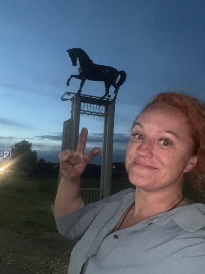A woman with red hair is taking a selfie in front of a monument of a horse in Nikolskoye, Russia. The sky is twilight blue. The woman is wearing a light blue shirt and is holding up two fingers in a peace sign. The horse monument is dark and silhouetted against the sky. There is a road sign to the left of the monument. The ground is gravel.