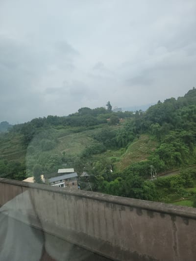 The image depicts a landscape in Yufengshan, China, characterized by lush green hills under an overcast sky. The foreground is dominated by a concrete structure, likely a wall or barrier, with visible water stains and wear. Beyond this, the hillside is densely covered in trees and vegetation, with evidence of terraced farming or cultivation. Several buildings, appearing to be houses or small structures, are nestled into the hillside. A prominent building, possibly a hotel or office building, with white and blue accents, stands further up the slope, visible in the distance. Power lines and poles are present, indicating infrastructure within the rural or semi-rural setting. The overall impression is one of a natural landscape interspersed with human habitation and infrastructure, under a cloudy, possibly humid, weather condition.