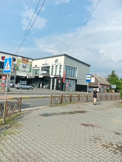 The image depicts a street scene in Tiachiv, Ukraine. A modern, light-colored building with multiple storefronts is visible on the left. One storefront has a large advertisement featuring a smiling woman. Across the street from this building, a smaller, older, pink-roofed house is situated. A bus stop sign with a blue background and a white bus icon is prominently displayed on the right side of the road.
A person, appearing to be a woman with dark hair, is walking away from the camera on the sidewalk on the right. She is wearing dark shorts and a dark t-shirt. She is walking on a paved sidewalk made of interlocking grey bricks. In the foreground, a metal fence with an arched design separates the sidewalk from the road.
A blue and white pedestrian crossing sign is located on the left side of the image, near the modern building. Two cars are parked in front of the building. The sky is partly cloudy with a blue expanse and scattered white clouds. Overhead, electrical wires are visible against the sky. The overall environment suggests an urban or semi-urban setting in daylight.