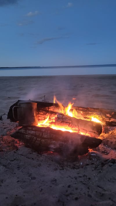 A campfire is burning on a sandy beach in Zaostrov'e, Russia, at dusk. The fire is built with logs and embers glow beneath the flames. A metal mug is placed next to the fire. The sea stretches out in the background, calm and reflecting the dim evening sky, which is a gradient of blue with a few wispy clouds. The sand is dark and textured, with small pebbles and debris scattered on its surface. The scene evokes a sense of solitude and quietude.