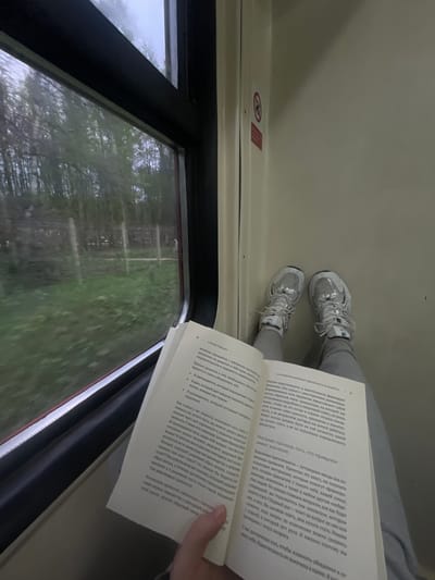 The image shows a person reading a book while traveling on a train. The train car is visible through the window, revealing a green, blurred landscape outside. The book is open, displaying text in Russian. The person's legs are visible, wearing gray pants and white sneakers. The interior of the train car is simple, with light-colored walls and a small red sign visible. The perspective is from slightly above, looking down on the scene. There is nothing to indicate that this image was taken in Ashukino, Russia.