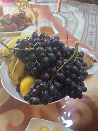 The image captures a close-up view of a fruit bowl filled with dark purple grapes, yellow bananas, and a reddish-yellow apple. The fruits are arranged in a white bowl, which is partially visible. The grapes dominate the foreground, with their stems and individual berries clearly defined. Beneath the grapes, the curved forms of the bananas are evident, and a portion of the apple can be seen.
In the background, a patterned tablecloth or textile is visible, featuring intricate designs in shades of white and muted purple. To the left of the fruit bowl, a decorative golden object with a floral motif is partially visible, possibly part of a serving platter or tray. Further to the left and slightly out of focus, there appears to be a tray containing small red-wrapped items, possibly candies or pastries. A white dish with food, possibly a salad or rice dish with vegetables, is also visible in the upper left background, out of focus. To the right, another white dish contains what looks like pieces of honeycomb or candy.
The lighting suggests an indoor setting, possibly during the daytime, as there are soft shadows and highlights on the fruit and table surface. The overall impression is one of abundance and a prepared spread of food, perhaps for a gathering or a meal. No people are visible in the frame. There is no visible text in the image. The location context of Boz Beshik, Kyrgyzstan, might suggest a cultural setting where such fruit displays are common, perhaps during a celebration or special occasion.
