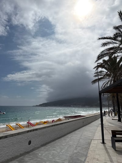 The image depicts a slightly overcast day at a beach with a promenade in Sesimbra, Portugal. The sun attempts to break through the clouds, casting a bright glow in the upper left quadrant. Palm tree fronds frame the top of the image, suggesting a tropical or Mediterranean climate.

The scene features a paved promenade with a light-colored stone surface, running parallel to the shoreline. A concrete retaining wall separates the promenade from the sandy beach and the sea. Several colorful playground slides – yellow and red – are set up on the beach, some reaching down towards the water's edge.

The sea is a vibrant turquoise, with white-capped waves lapping at the shore. In the distance, the coastline is visible, with hills or mountains partially obscured by dark clouds. A few people are scattered along the promenade and the beach, engaged in leisurely activities. Some individuals are standing or walking, while others might be seated on benches. A single boat is visible in the water near the bottom left.

The overall mood is calm and relaxed, typical of a beachside location. The weather appears to be transitioning, with patches of sunshine contrasting with darker, cloudier areas. The presence of the slides indicates a family-friendly environment. The scene captures a moment of everyday life at a popular coastal destination. There is no visible text in the image.