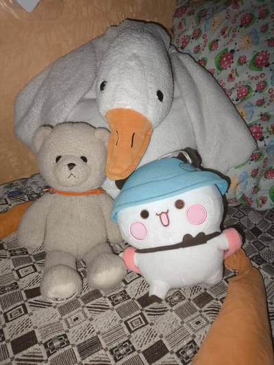 A stuffed white goose and a light brown teddy bear are positioned on a patterned blanket, possibly on a bed, in a room that appears to be in Русский Кукмор, Russia. The goose is large and its head is near the top of the frame, with an orange beak and black eyes visible. It's draped over the teddy bear, which is in the center, facing forward with a small orange string around its neck. To the right of the teddy bear is a white stuffed character wearing a blue hat and pink cheeks, with a brown collar and arms. A blurry orange stuffed limb, possibly from another toy, extends into the lower right corner of the image. The background shows a light brown textured surface and a pillow with a ladybug and flower pattern. The overall scene is dimly lit, suggesting an indoor setting at night or in low light conditions.