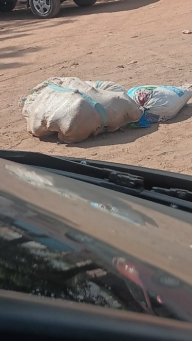 The image depicts an outdoor scene in Langtang, Nigeria, on dry, reddish-brown dirt ground under direct daylight. In the midground, two large, filled sacks are positioned. The sack on the left is light beige, irregularly shaped, and appears to be made of a coarse woven material, secured with a light blue strap or rope. The sack on the right is also light-colored, tied at its top, and features a visible label with blue and red markings, including partial text such as "COUNT" and "GOVT". The ground is unpaved and scattered with small debris. In the background, the lower sections of multiple vehicle tires are visible, suggesting other vehicles are present or parked. The photograph is taken from inside a vehicle, with the upper edge of a dark dashboard or cowl and reflections on a windshield occupying the bottom third of the frame. No individuals, discernible actions, or interactions are visible.