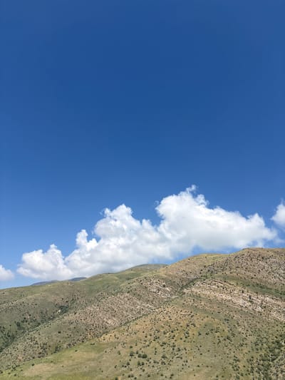 The image displays a dramatic, sweeping view of a mountainous landscape under a clear blue sky dotted with fluffy white clouds. The dominant feature is a steep, rugged mountainside that occupies the right two-thirds of the frame. The mountain is covered in sparse, dry vegetation, with a mix of green grasses and brown scrub. Visible striations and layers of rock are prominent on the slope, suggesting geological formations. Small, dark dots scattered across the mountain's surface could be rocks or small plants.

The sky, a vibrant, deep blue, fills the left third of the image and extends behind the clouds. These clouds are bright white and appear puffy and voluminous, creating a stark contrast against the blue. The lighting suggests it is daytime, likely midday or early afternoon, with the sun illuminating the mountainside and clouds brightly.

The orientation of the image is such that the mountain slope runs diagonally from the bottom right to the top left. This perspective creates a sense of immense scale and height. There are no people or man-made objects visible in the frame, emphasizing the wild and natural character of the scene. The overall mood is one of vastness, solitude, and natural beauty. The setting is clearly a mountainous region, and given the location context, it is likely a rural or undeveloped area in Lanjar, Armenia. No text is visible in the image.