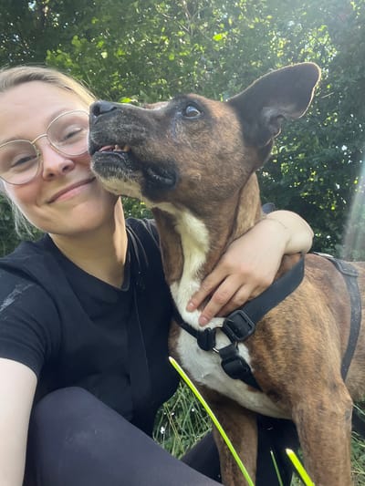 The image depicts a young woman with blonde hair and round glasses taking a selfie with a brown and white dog outdoors. The woman is wearing a black t-shirt and black leggings. The dog is wearing a black harness. The woman's left arm is around the dog's neck. The background consists of green foliage and trees, suggesting a natural outdoor setting. The lighting indicates it is daytime, possibly with sunlight filtering through the leaves. No specific location within Amel, Belgium is identifiable from the image.