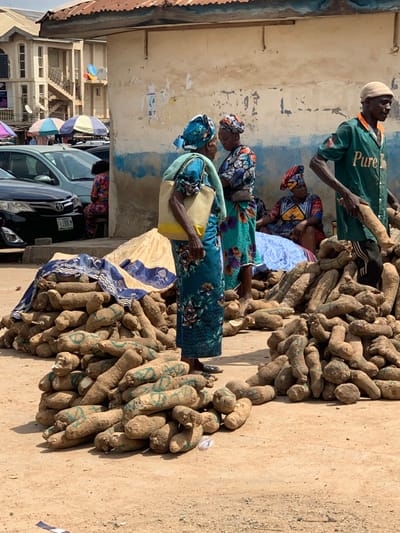 The scene is a street market in Ondo, Nigeria (latitude: 7.251, longitude: 5.196). There are four people present. Two women stand on the left side of the frame, both wearing colorful headscarves and dresses. They are looking at each other, possibly discussing something. A third woman sits in the center of the frame, wearing a colorful headscarf and a floral print dress, she looks at the person taking the picture. A fourth person, a man, stands on the right side of the frame, wearing a green shirt that reads “Pure,” and a white hat. He is looking at the person taking the picture. All four people appear to be involved in selling and/or buying goods. In the foreground, there are many large, brown yams stacked in a large pile. The yams appear to be for sale. The ground is dirt, and there are cars parked in the background, as well as buildings. There are many items on the ground, including a blue blanket, a large, yellow bag, and some other items. The sun is shining brightly.