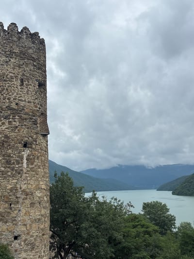 The image shows a stone tower on the left, with a body of water and mountains in the background. The tower is made of rough-hewn stones of various sizes and colors, with a crenellated top. There are small openings in the tower walls, suggesting it is ancient. In the middle ground, lush green trees partially obscure the view of a wide, pale blue body of water. The water is calm and reflects the overcast sky. The background is dominated by rolling mountains covered in dense green foliage. The sky is heavy with grey clouds, suggesting a cool or damp day. The scene is tranquil and appears to be a natural landscape combined with historical architecture. This is a view from the fortress of Ananuri in Shalikiantkari, Georgia.