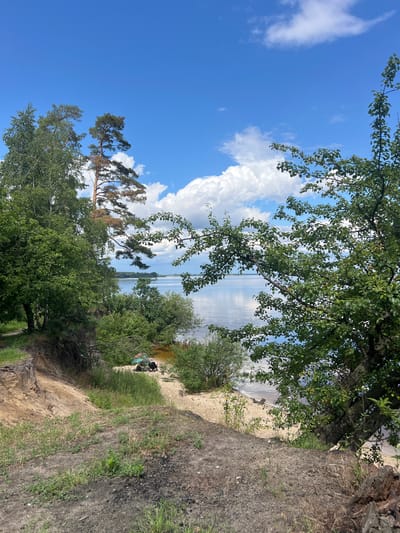 The image shows a serene natural landscape on a sunny day, overlooking a wide body of water, likely a river or lake. In the foreground, a sandy embankment slopes down towards a narrow beach. Green vegetation, including trees and grasses, is abundant, with a particularly large tree in the right foreground whose branches partially obscure the view. On the beach, a small gathering of people can be seen near some green bags or a tent, suggesting a leisure activity. The water is calm, reflecting the blue sky and scattered white clouds. The background reveals a distant tree line and a hazy horizon. The location is identified as Lyutizh, Ukraine, suggesting this is a view of the Dnipro River or a nearby reservoir.