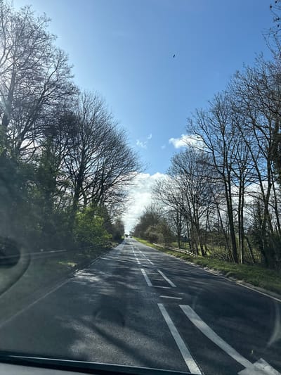 This image depicts a two-lane asphalt road extending into the distance under a bright blue sky with scattered white clouds, located in Ruyton-XI-Towns, United Kingdom. The perspective is from within a vehicle, with the dashboard or lower windscreen frame visible at the bottom of the frame.
The road surface in the foreground shows patches of reflective dampness and distinct shadows cast by unseen objects, likely trees. White road markings, including dashed and solid lines, are visible on the asphalt.
Both sides of the road are flanked by metal crash barriers. Beyond the barriers, dense vegetation is present. On both the left and right, the roadside is dominated by numerous deciduous trees with bare branches, characteristic of late winter or early spring. Some areas of green foliage are interspersed among the trees, particularly at lower levels on the left.
The sun is visible in the upper left quadrant, causing lens flare. A single dark, avian subject is in flight against the blue sky, positioned in the upper central area of the frame. In the far distance, two faint vehicles are visible on the road, traveling in the same direction as the vantage point.