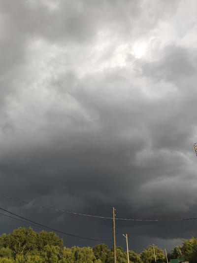 This is a vertical, eye-level, outdoor, full shot of a sky filled with heavy, dark storm clouds. The clouds are dense and appear to be moving in, creating a dramatic and ominous atmosphere. A bright patch of sunlight can be seen breaking through the clouds near the top of the frame, suggesting the storm is either approaching or just passing.

In the lower portion of the image, a line of lush green trees stretches across the landscape, their leaves appearing vibrant despite the approaching storm. Several power lines are visible, strung between utility poles. One prominent wooden utility pole stands in the mid-ground, with a smaller pole to its right. Another utility pole with what appears to be an antenna or electrical equipment is visible on the far right edge of the frame.

The overall impression is one of a natural scene in Russia, possibly in Mokshan, before or during a summer thunderstorm. The contrast between the dark, turbulent sky and the verdant trees creates a visually striking scene. The time of day is difficult to determine precisely, but the quality of light suggests it could be late afternoon or early evening. There is no visible text in the image. The mood is one of anticipation and the raw power of nature.