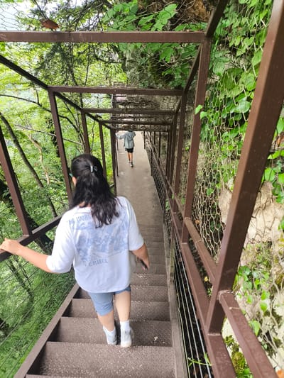 In the city of Satsiskvilo, Georgia, a metal staircase with brown railings descends through a lush, green, mountainous area. The stairs are made of diamond plate metal, and the railings are a dark brown color. The staircase is bordered on one side by a wire mesh fence, behind which dense foliage and trees are visible. On the other side, the embankment is covered with greenery and some rock formations.

In the foreground, a woman with long, dark hair pulled back with a clip is walking down the stairs. She is wearing a white t-shirt with a graphic print on the back and light blue shorts. She is holding onto the railing with her left hand and appears to be holding a mobile phone in her right hand.

Further down the staircase, another person, dressed in a grey hoodie and dark shorts, is walking away from the camera. The environment is characterized by dense vegetation and a slightly overcast sky, suggesting a natural, outdoor setting likely part of a tourist path or trail.