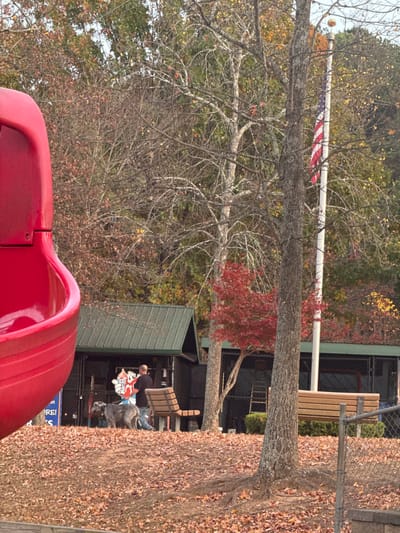 An outdoor scene with a red slide in the foreground. Behind, a tree trunk obscures a building with a green roof, displaying a sports team logo. Benches are nearby. An American flag flies in the background, partially hidden by branches. Leaves cover the ground, indicating it's likely autumn. The scene appears to be a playground or recreational area.
