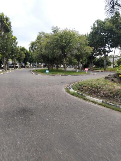 The image depicts a curved asphalt road with white and black striped curbs in Palohgadeng, Indonesia. Lush green trees line the sides of the road, and in the background, several residential houses are visible. There is a circular grass island in the middle of the road with a blue directional arrow sign pointing left and a red and white "no entry" sign. The sky is overcast, and the overall scene suggests a quiet, residential area with well-maintained landscaping.