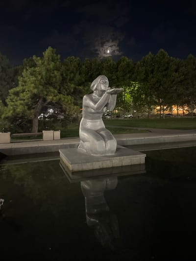 At night, a silver statue of a woman kneeling and blowing a kiss is reflected in the dark water of a fountain in Berezhnoi, Russia. The statue is positioned on a stone pedestal, which is surrounded by a wide stone border. Beyond the fountain, a grassy area is illuminated by streetlights, with a line of trees forming a dark backdrop against the night sky. The moon is visible in the upper portion of the sky, partially obscured by clouds. Cars are parked on a street in the distance.