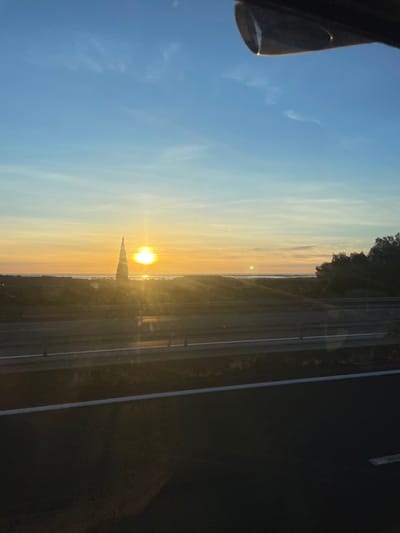 The image captures an outdoor scene in La Palme, France, at either sunrise or sunset. A bright, golden sun is positioned low on the horizon, slightly left of the image's center, emitting strong light rays and prominent lens flares that extend across the frame. Directly in front of the sun, a tall, dark, slender, conical structure, consistent with a cypress tree, stands silhouetted against the light. Behind this structure and the sun, a horizontal band of water, likely the Etang de La Palme, reflects the sunlight. The sky transitions from a light blue at the top, containing sparse wispy clouds, to warm orange and yellow tones near the horizon. The lower portion of the image displays a dark asphalt road surface, characteristic of a highway or expressway, with a white line marking its edge on the right. A metal guardrail extends horizontally between the road and the distant, dark green vegetation. A dark, indistinct object, possibly part of a vehicle's interior or exterior, is visible in the upper right corner, indicating the photograph was taken from inside a moving vehicle. No individuals are visible.