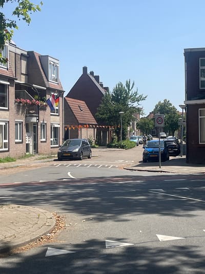 The image shows a street scene in Venlo, Netherlands. The sun is shining, indicating it is daytime, and the sky is clear blue. The perspective is tilted, making the buildings appear to lean.
On the left side of the street, there are several buildings. The closest building is a multi-story brick apartment building with several windows and balconies. A Dutch flag and what appears to be a regional flag are flying from one of the balconies. In front of the building, there are some trees with green leaves. Further down the street, more buildings are visible, including one with a distinctive brown, pitched roof and triangular windows. Orange bunting is strung across the front of this building, suggesting a celebration or event.
On the right side of the street, there is a road with a sidewalk. Several cars are parked along the road, including a dark-colored hatchback and a blue compact car. A speed limit sign indicating "30 ZONE" is visible on a pole next to the parked cars. Shadows of trees stretch across the road and sidewalk. The road has white markings, including triangular pedestrian crossing signs. A circular manhole cover is visible on the edge of the sidewalk, surrounded by fallen leaves. The overall impression is of a residential street on a sunny day.
