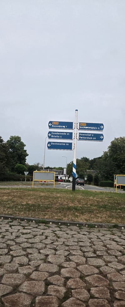 This is a full-frame, eye-level, vertical shot of a Dutch road signpost with multiple blue directional signs against an overcast sky. The signpost is located in Zwartewaal, Netherlands. The signs on the left point left and list "N218 Rozenburg 7", "Goedereede 21 Brielle 5", and "Oostvoorne 10". The signs on the right point right and list "N218 Hellevoetsluis 9" and "Heenvliet 3 Rotterdam 26".
In the midground, there is a grassy area with a paved path and a large, empty yellow sign frame. Further back, a building with white siding and a red sports car parked in front is visible. A dark-colored SUV is driving away from the camera on a road to the right. Trees line the background on both sides of the road. The foreground consists of a cobblestone pathway with green grass growing between the stones.