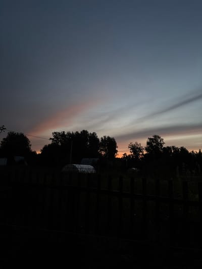 The image shows a sunset over a rural area, likely a village or dacha settlement, in Dubrovino, Russia. The sky is a gradient of dark blue at the top, transitioning to lighter blues and grays, with streaks of orange and pink from the setting sun. Silhouetted against the sky are a line of trees and some structures, possibly greenhouses, with a dark wooden fence in the foreground. The scene is dim, suggesting it is late evening or early morning. There are no people or specific actions depicted.
