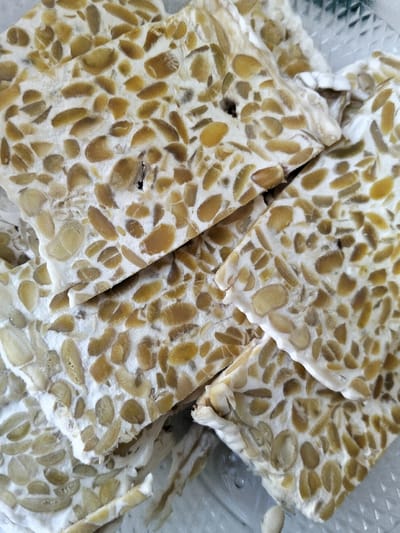A close-up shot reveals a stack of sliced tempeh, showcasing its unique composition. The tempeh features tightly packed soybeans held together by a dense, white mycelium. The soybeans are a light golden-brown color. The slices appear uneven, stacked on top of each other, and are slightly translucent. The texture seems firm yet slightly yielding, giving a clear presentation of the soy-based food product.
