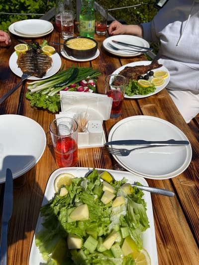 This overhead image captures an outdoor dining experience on a sunny day, likely in Adjaristskali, Georgia. A rustic wooden table is laden with a spread of fresh food and drinks, with people partially visible around it.
The table features multiple servings of grilled or pan-fried whole fish, each presented on a white oval plate with fresh lettuce, black olives, and bright lemon slices. A large rectangular plate holds a vibrant green salad, primarily composed of crisp lettuce, chunky cucumbers, and cubes of light-colored fruit, possibly apples, garnished with a lemon wedge. A dark, round pot, characteristic of traditional Georgian cookware, contains a creamy yellow dish, potentially a cheese-based specialty like Gebzhalia or Elarji, served with a spoon. A fresh assortment of green onions, radishes, and additional lettuce leaves is also arranged on the table.
Beverages include several glasses filled with a reddish liquid, possibly fruit compote or wine, and green-labeled bottles, one faintly showing "GEORGIA."
Visible human elements include hands reaching for food and cutlery, and the upper torso of a person wearing a white hoodie. The table is set with white plates, forks, and knives, along with white napkins, a salt and pepper shaker set, and toothpicks. Bright sunlight creates distinct shadows, emphasizing the outdoor setting. Lush green foliage is visible in the background, suggesting a natural or garden environment. The scene portrays a relaxed and fresh meal enjoyed outdoors.