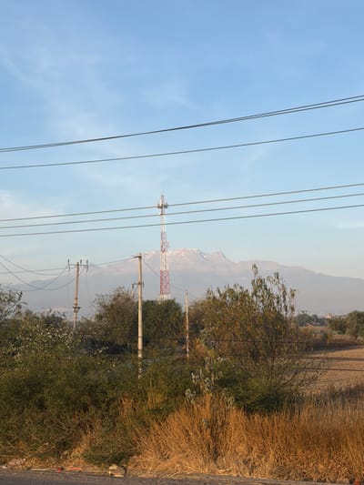 The image depicts a static, outdoor landscape scene in the city of Santa Ana Xalmimilulco, Mexico, observed under a clear, light blue sky with minimal atmospheric haze. The foreground features a dark grey paved surface at the very bottom, transitioning into a strip of dry, golden-brown grasses and scattered green shrubs that span the width of the frame. A small piece of light-colored debris is visible on the paved surface near the bottom left.

Horizontally traversing the mid-ground are five or more dark power lines, partially obscuring the view. Below these lines, several wooden utility poles are visible, primarily on the left. A tall, red and white lattice communication tower stands prominently in the center-left, equipped with multiple antennae arrays near its apex. To the right and behind the utility poles and tower, the landscape consists of varied vegetation, including dense green and brown trees and shrubs, and areas of dry, light-brown agricultural land. Faint outlines of distant urban or semi-urban structures are discernible through the atmospheric haze below the mountain range.

The background is dominated by a distant, large mountain range with visible snow or ice patches on its peaks, particularly on the central and left portions of the range. The mountains appear somewhat muted due to atmospheric haze. No individuals or animals are present. The scene is illuminated by natural light, suggesting either early morning or late afternoon, with a general absence of harsh shadows.