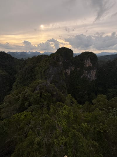 This is a wide-angle, high-angle shot of a dense, green forest with dramatic karst rock formations. The sky above is overcast with patches of muted yellow and orange light suggesting either sunrise or sunset. In the mid-ground, two prominent, jagged limestone cliffs rise steeply, covered in thick vegetation. The foreground and extending into the background is a vast expanse of trees, with varying shades of green indicating depth. In the far distance, a range of softer, bluish mountains is visible, almost blending into the hazy sky. The scene appears to be a natural landscape, likely in a region known for its limestone karsts, such as Ban Khao Tang, Thailand, given the context. There are no people, animals, or man-made objects visible in the frame. The overall mood is serene and wild.