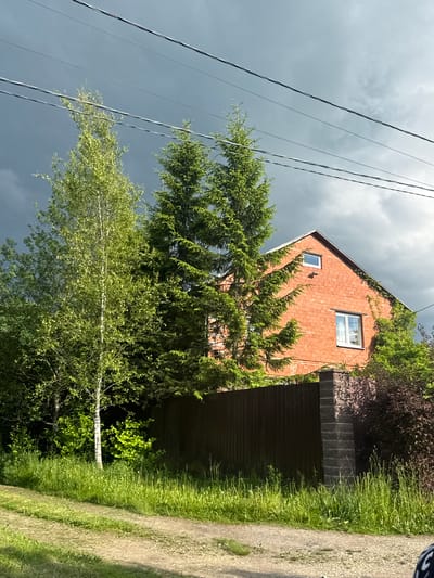 The image depicts a rural scene, likely in Kommolovo, Russia, featuring a two-story brick house with a white roof. The house has visible windows, including a small rectangular one near the apex of the roof and a larger double-paned window on the main facade. The building is surrounded by lush greenery, with a tall, slender birch tree in the foreground to the left, and several coniferous trees to the right of the birch, partially obscuring the house. A dark brown metal fence runs along the property line, with a section of stone pillar support visible on the right side. The ground in front of the fence is covered with tall grass and a dirt path or road. Power lines are visible in the upper portion of the image against a dramatic, overcast sky with dark, heavy clouds suggesting an impending storm.