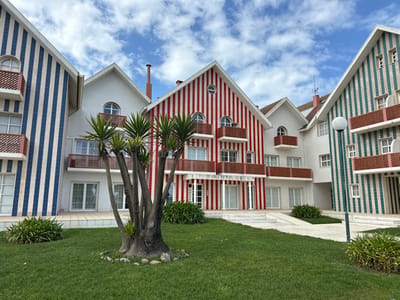 The image depicts a daytime exterior view of a residential or tourist complex in Ílhavo, Portugal, characterized by buildings with distinct vertically striped facades. No people are present.
The scene features several multi-story buildings surrounding a well-maintained green lawn. The buildings exhibit traditional architectural elements with pitched roofs and multiple balconies. From left to right: a building with blue and white vertical stripes; a white building with plain walls; a central building with red and white vertical stripes, featuring prominent gables and arched windows on upper levels; another plain white building partially visible behind the central one; and a building with green and white vertical stripes on the right. All visible balconies have terracotta-colored railings. Some buildings have ground-level patio doors or large windows, while upper floors feature smaller rectangular and arched windows. A reddish-brown chimney is visible on one of the roofs against the sky.
In the foreground, a multi-stemmed Yucca plant with a gnarled trunk base, encircled by small rocks, stands on the green grass. Its multiple branches extend upwards, each topped with green foliage. Low green shrubs are planted along the bases of the buildings and at the edges of the lawn. Light-colored paved paths and terraces connect the buildings across the lawn. A single white, spherical lamppost is situated on the right side of the lawn. The sky is blue with scattered white cumulus clouds.