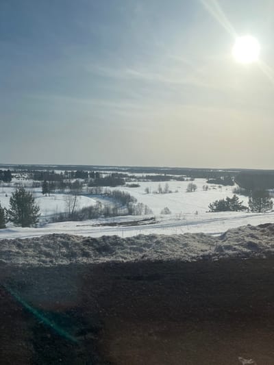 A panoramic view depicts a snow-covered winter landscape in Сундур, Russia, under a bright, sunny sky. The foreground features a dark, uneven embankment of bare earth or soil, partially edged with patches of frost or sparse vegetation. A faint green lens flare is visible in the lower-left. Immediately behind the embankment, a dark, unpaved road or path traverses horizontally, separating the foreground from the midground. Beyond the road, the midground opens into vast, undulating fields blanketed in white snow, interspersed with clusters of bare deciduous trees and scattered evergreen conifers. A notable curve of trees and brush is visible in the mid-left. The background extends to a distant tree line, delineating the horizon. The sky, occupying the upper two-thirds of the image, is a pale blue-grey, transitioning to white towards the upper right where the bright, undiffused sun is prominently positioned, emitting a strong starburst lens flare. No individuals or explicit actions are observed.
