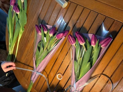 The scene, located in the city of Trudobelikovskiy, Russia, depicts a floral preparation area on a light-brown wooden slatted table. A person is in the process of assembling bouquets of purple tulips. On the left side of the table, a loose bundle of approximately 6-7 purple tulips with green stems is present. Centrally, two completed or near-complete bouquets are visible. Each bouquet contains 5-6 vibrant purple tulips, wrapped first in light purple paper or film, then encased in a clear plastic protective sleeve, and secured at the stem base with a white ribbon or tape.

A human left hand, featuring light-colored nail polish, is actively tying a white ribbon around the base of the leftmost wrapped bouquet. Ancillary items on the table include a roll of clear plastic wrapping film in the upper-left corner, a small roll of white adhesive tape positioned mid-right, and the black handles of scissors partially visible at the bottom-center. The environment is indoors, with illumination suggesting overhead lighting reflecting on the plastic and wooden surfaces.