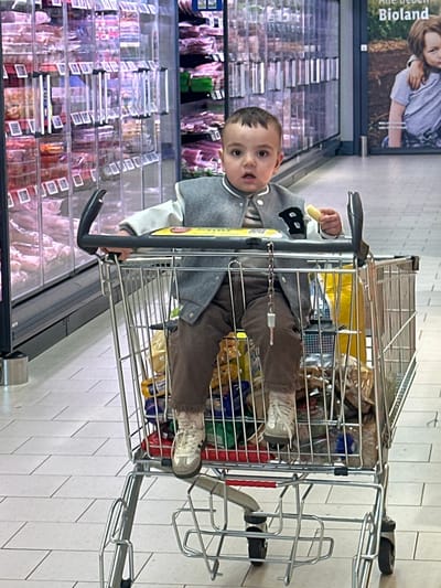 A young child is seated upright inside a metal shopping cart within a supermarket in Jestetten, Germany. The child, appearing to be a toddler with short dark hair and wearing a grey and white varsity-style jacket with a dark letter 'B', dark trousers, patterned socks, and light-colored sneakers, holds a light-colored, elongated food item in their right hand near their mouth. Their left hand rests on the cart's handle. The shopping cart's basket is largely filled with various packaged groceries and items, including what appear to be bags of chips. A keychain with a key and a cylindrical object hangs from the front bar of the cart. The background on the left features multiple illuminated refrigerated display cases containing packaged products, likely meat, with clear glass doors extending into the distance. To the right, a large advertisement poster depicts two children, with partially visible German text "Alle lieben Bioland" above them. The floor is covered with light-colored square tiles.