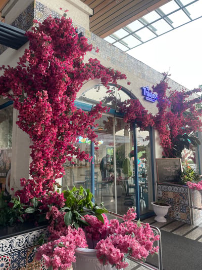 The image shows the exterior of a building, likely a restaurant, adorned with abundant pink bougainvillea. The building has a large, arched window and a sign that reads "Thalassa." The facade is decorated with patterned tiles. A chalkboard displays the chef's specials, listing grilled fish, grilled prawns, and calamari rings. A white planter sits near the window. The building appears to be located in Kasarvarne, India, based on the sign on the restaurant and the tiled wall style, which is common in Indian architecture. The scene shows no people. The environment is bright, indicating daytime. The angle of the image is slightly tilted.