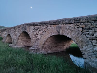 This is a landscape photograph of a historic stone arch bridge spanning a narrow body of water. The bridge has multiple arches, constructed from rough-hewn, light-colored stones of varying sizes, giving it a weathered and ancient appearance. The stonework is intricate and detailed, with visible mortar lines.

The water beneath the bridge is calm and reflects the dark undersides of the arches and the surrounding environment. Lush green grass grows along the banks of the water, extending to the foreground of the image.

The sky above is a clear, pale blue, indicating either early morning or late evening. A crescent moon is visible in the upper left quadrant of the sky. The overall lighting suggests dusk or dawn, with soft, diffused light. There are no people or animals visible in the scene. The setting appears to be rural, possibly in a natural landscape or countryside, consistent with the provided location context of Filipeni, Moldova. The image evokes a sense of tranquility and timelessness, highlighting the enduring nature of the ancient structure against the backdrop of a serene natural setting. No text is visible in the image.