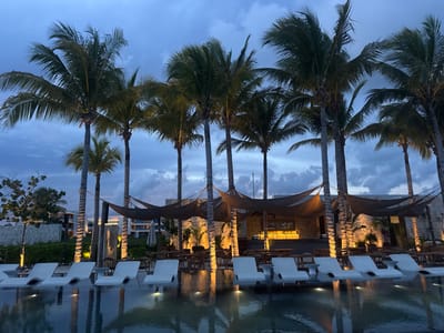 A tranquil scene unfolds with palm trees silhouetted against a cloudy twilight sky. Below, lounge chairs line the edge of a still pool, mirroring the illuminated structures and palm reflections. Dark canopies stretch between trees, hinting at a bar or outdoor dining area bathed in warm light. The atmosphere is peaceful and inviting, typical of a tropical resort at dusk.
