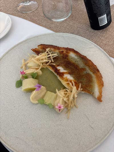 A single plate of food is presented on a textured placemat. The plate is round and light gray with dark speckles. On the plate, there is a piece of pan-fried fish with crispy skin, resting in a pool of light green sauce. Arranged around the fish are several pieces of white leek, some dollops of a creamy white sauce, and a garnish of fried potato strings. Two small pink flowers and a few green leaves are placed as decorative elements. In the background, a wine glass and another glass are visible, along with a white side plate. The setting appears to be a restaurant in Carboneras, Spain.