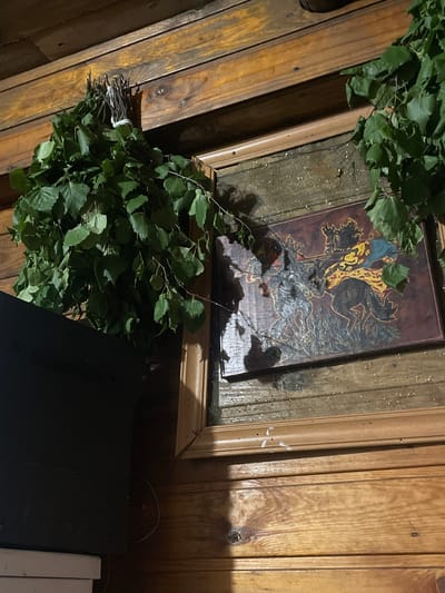The image depicts a rustic interior with wooden walls and ceiling. A bundle of green leaves, possibly birch branches used for a banya (Russian bathhouse), is suspended from the ceiling on the left side of the frame. To the right, a framed painting hangs on the wall, displaying a dark, textured artwork with figures that appear to be stylized animals or mythical creatures in motion, rendered in shades of red, yellow, blue, and black. A dark, rectangular object, possibly a television or monitor, is partially visible on the left, placed on a white surface. The overall impression is that of a traditional or country-style room. The location in Mirnyy, Russia, suggests a dwelling or public space in this city known for its diamond mining industry.