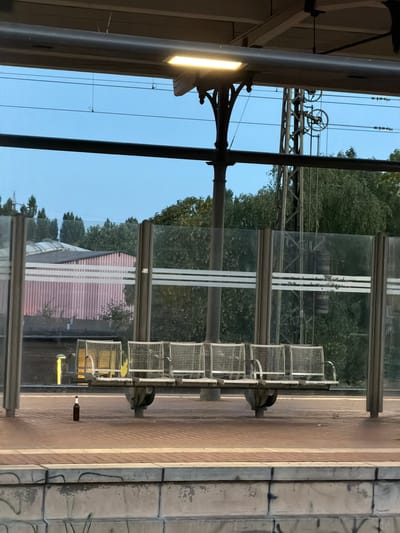 This image depicts a train station platform in Witten, Germany. In the foreground, a brick platform is visible, with a single brown glass bottle standing upright near the edge. Behind the platform, there is a row of empty metal benches with wire mesh seats. A glass barrier with horizontal white stripes runs along the platform, separating it from the tracks. In the background, trees and a pink building can be seen. Overhead, a light fixture illuminates the scene, and power lines are strung across the sky. The overall impression is of a quiet, possibly evening, scene at a train station.
