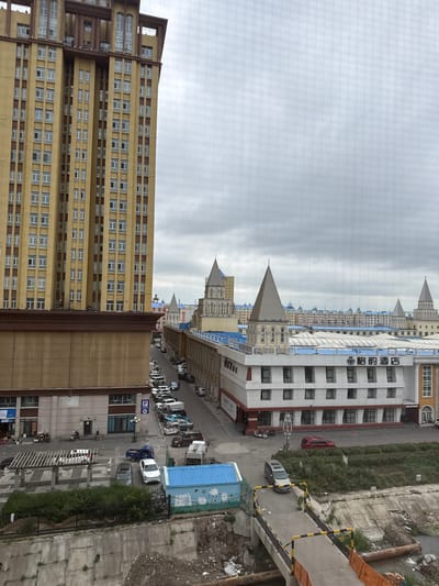 This is a landscape photograph taken from an elevated viewpoint, looking down at a street scene in Manzhouli, China. The image is oriented vertically, making it appear as if the viewer is looking sideways.
The scene is dominated by several multi-story buildings. On the left, a tall, yellow building with numerous windows stretches across much of the frame. To its right, a row of white and pastel-colored buildings with distinctive pointed roofs and decorative architectural elements line a street. These buildings have a European-inspired design. A red car is parked on the street near these buildings. Further down the street, a line of parked cars is visible.
The sky is overcast with gray clouds. The ground level appears to be a paved street and sidewalk area, with patches of green vegetation and piles of debris. A blue shipping container with cartoon drawings is present on the right side of the image. A metal fence and what appears to be construction materials are also visible in the foreground.
Visible text in the image includes Chinese characters on the white buildings, which likely indicate businesses or names. One sign on a white building reads "鲁尔酒店" (Lu'er Jiudian), which translates to "Lu'er Hotel." Another sign further down reads "锦绣苑" (Jinxiu Yuan), possibly a residential complex name. A parking sign with a blue "P" is also visible.
The overall impression is a view of an urban environment on a cloudy day, with a mix of modern and distinctly stylized architecture. The time of day is likely daytime, given the ambient light, but the overcast sky creates a somewhat muted and subdued atmosphere. No people are prominently visible in the scene, but several parked vehicles suggest ongoing activity in the area.