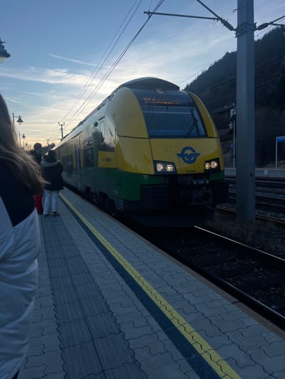 An outdoor forensic image captures a yellow and green passenger train, identifiable with a circular logo and "SIEMENS" text on its front, stopped at a train station platform in Spital am Semmering, Austria, during late afternoon or early evening with a low sun illuminating a partly cloudy sky. The train's headlights are illuminated, and "VVal" is visible on its side. On the paved platform, which features a prominent yellow safety line, at least four individuals are present. In the immediate foreground, the back and left shoulder of a person wearing a white and dark-colored jacket are visible. Further down the platform, a small group of people stand near the train, including one individual in a dark jacket and light pants facing the train, and another partially obscured individual also in a dark jacket. Overhead electrical lines and supporting poles span the tracks. In the background, multiple train tracks lead away from the platform, and a steep, dark, tree-covered mountain rises. A station sign, partially visible to the right of the tracks, indicates "Spital am Semmering."