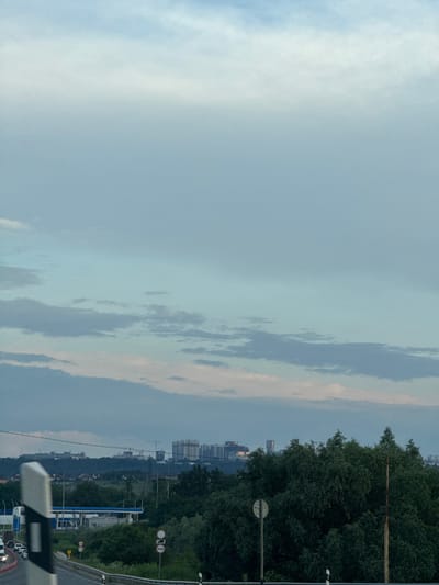 The image captures a panoramic view of the outskirts of Novomar'evskaya, Russia. The foreground features a highway with a white and black striped traffic delineator post on the left. A few cars are visible on the highway. In the middle ground, there is a gas station with a blue canopy, surrounded by lush green trees. Further in the background, a dense line of trees forms a natural barrier before a distant cityscape unfolds. The cityscape is characterized by numerous apartment buildings and construction cranes, indicating ongoing development. The sky above is a blend of soft blue and grey clouds, suggesting either early morning or late evening light. The overall scene depicts a transition zone between a rural highway and an expanding urban area.