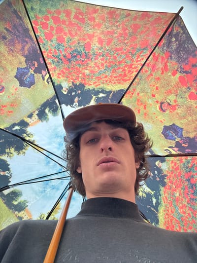 A person holding an umbrella is captured in an unusual low-angle perspective. The umbrella's canopy showcases a colorful, impressionistic design with hues of red, brown, and green. The person is wearing a brown cap and a black sweater. The backdrop is a mixture of abstract and landscape elements, suggesting a stylized outdoor scene.