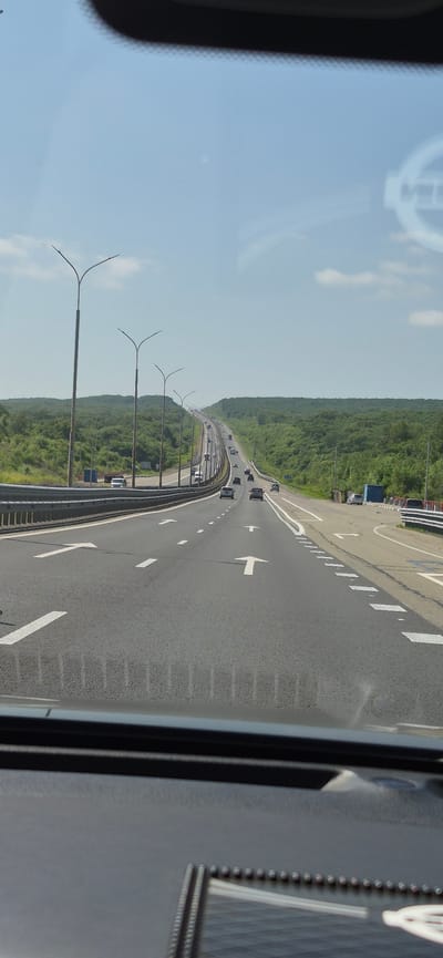 A perspective shot from inside a vehicle shows a highway in Gorodechnoe, Russia, under a clear, pale blue sky with scattered clouds. The highway stretches forward, curving gently and ascending into the distance, flanked by dense green forests on both sides. Several vehicles are visible on the road, traveling in the same direction. Tall, decorative streetlights with a distinctive Y-shaped design line the left side of the highway, spaced at regular intervals. The road surface is asphalt, marked with white lane lines and directional arrows. The foreground shows the dashboard of the vehicle, with a textured surface and a reflective band across the top, likely the windshield. The overall scene depicts a journey on a highway surrounded by natural landscape.