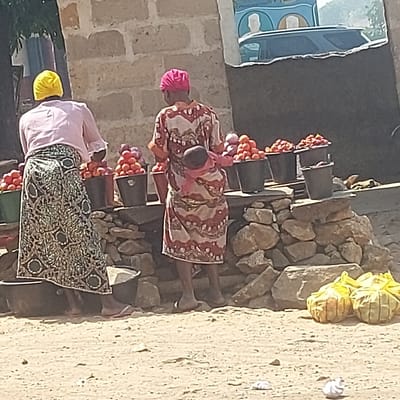 This image depicts an outdoor market scene in Assai Sabongida, Nigeria, under bright daylight conditions. Two adult females are observed from behind, positioned near a produce stall.
The woman on the left wears a yellow headscarf, a light pink long-sleeved shirt, and a long, multi-patterned skirt featuring geometric designs in black, white, and shades of green. She wears light-colored flip-flops. The woman on the right wears a pink headscarf and a long, patterned dress with brown, white, and reddish-orange motifs. She is barefoot and carries an infant secured to her upper back with a pink fabric wrap.
The market stall is constructed with a base of stacked, irregularly shaped rocks, upon which various black buckets are placed. These buckets are filled with spherical produce, including piles of red items (consistent with tomatoes) and purplish-red items (consistent with onions). A large, dark basin rests on the ground near the left woman's feet.
The ground is unpaved, consisting of light brown dirt or sand, with scattered small pieces of white debris. In the background, a wall constructed from light-colored cinder blocks is visible. Beyond this wall, a dark vehicle and a blue and white sign or building facade are partially visible, along with green foliage. Two yellow plastic bags lie on the ground to the right of the market stall.