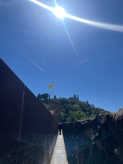 The photograph captures a view from what appears to be the Castle of Hostalric in Hostalric, Spain. The viewpoint is from a high vantage point, with a portion of a dark, perforated metal barrier or wall visible in the foreground. Beyond the barrier, there's a view of a yellow flag flying atop a pole, suggesting a national or municipal banner.
The background includes a mix of green trees and vegetation, possibly part of the castle grounds or surrounding landscape. The sky is bright blue with some visible contrails from aircraft and glare from the sun. A stone structure is visible on the right side, possibly a remnant of the castle's fortifications. A single cannon is positioned on the edge of a high wall.