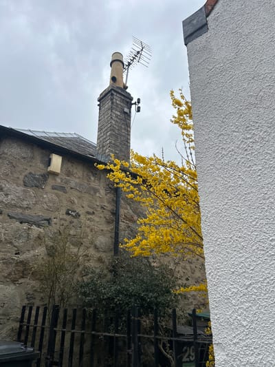 The image shows a low-angle view of a stone building facade under a cloudy sky in Aberdeen City, United Kingdom. A prominent brick chimney with a television antenna extends upwards, and branches with yellow flowers are visible against the stone wall. A security light is mounted on the wall. A metal fence and number 29 are visible. The top of the frame features an overhanging white textured surface.